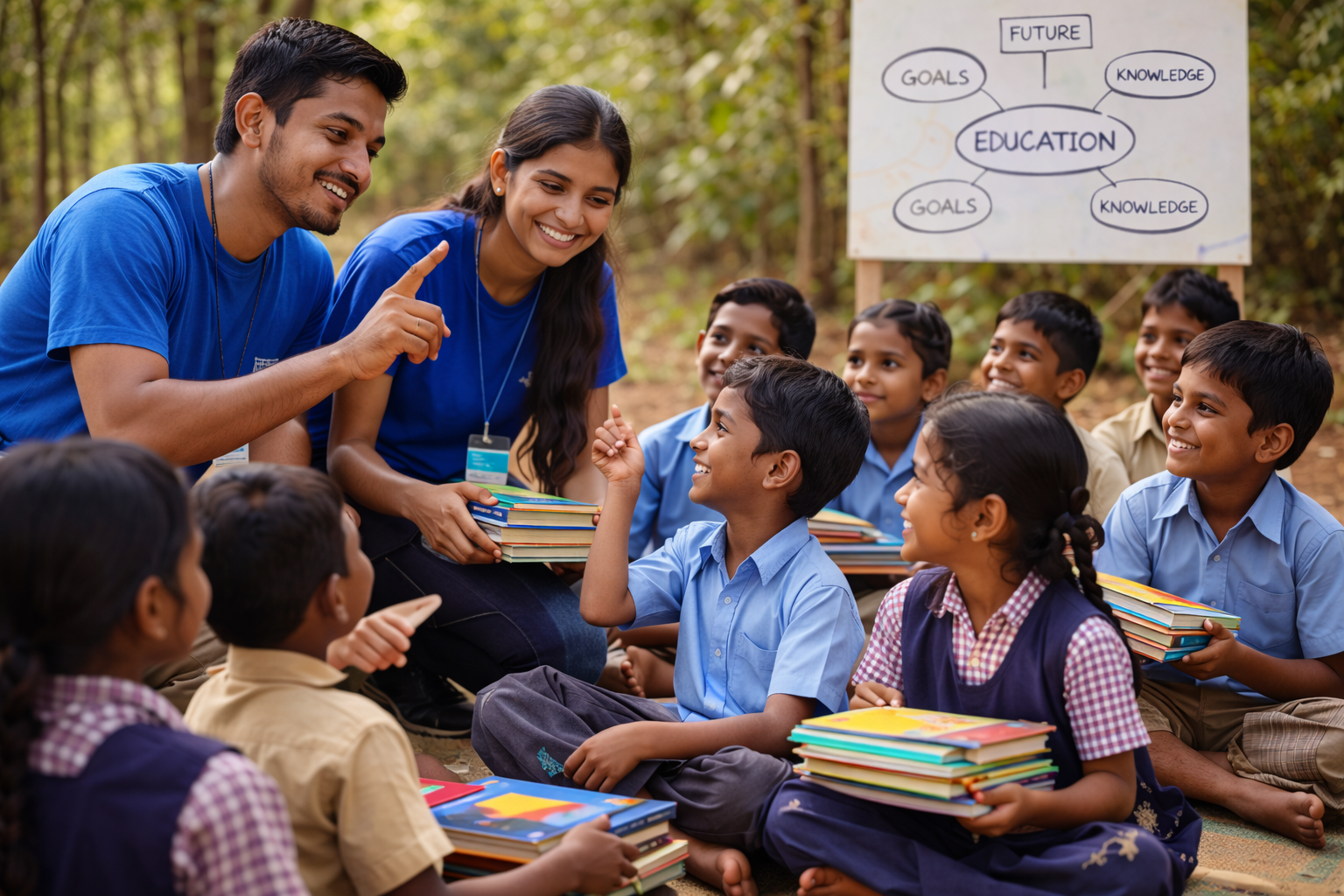 Volunteers interacting with children and encouraging them to continue their education.